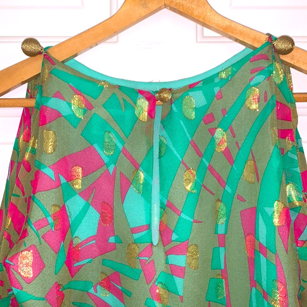 Milly New York Blouse Resort Silk Tropical Green Pink Gold Womens Size 6 - Picture 6 of 16